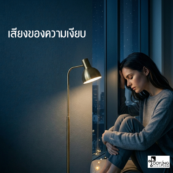 าพผู้หญิงกอดเข่านั่งริมหน้าต่างบานใหญ่ในคืนที่เงียบสงัด มองออกไปเห็นแสงไฟเมืองและดวงดาว สื่อถึงความรู้สึกเหงาแต่ได้รับการปลอบประโลมจากความเงียบ