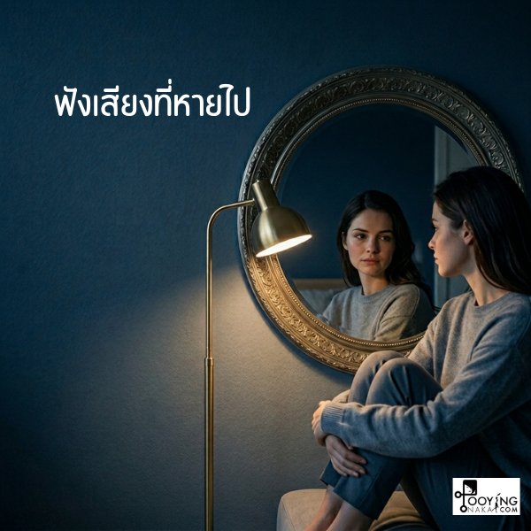 ภาพผู้หญิงนั่งสบตากับตัวเองในกระจกเงาบานใหญ่ บรรยากาศอบอุ่นด้วยแสงไฟโคมสีทอง สื่อถึงการรักตัวเอง การยอมรับความอ่อนแอ และการปลอบโยนเด็กน้อยในใจ