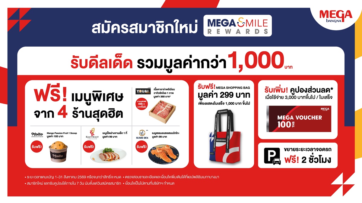เมกาบางนา (MEGABANGNA) มอบดีลเด็ดรวมมูลค่ากว่า 1,000 บาท ต้อนรับสมาชิกใหม่ “เมกา สไมล์ รีวอร์ด”